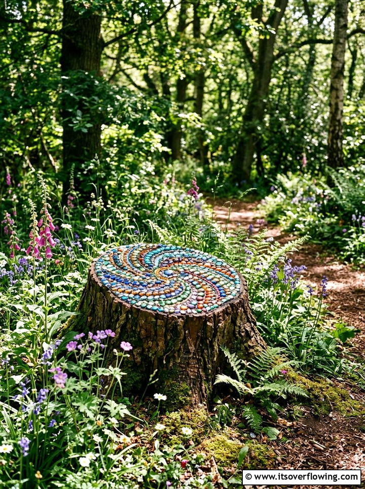 Mosaic tree stump - 25 garden decor ideas with mosaic art