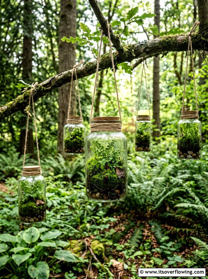 Moss And Fern Jars - 25 garden decor ideas with hanging jars