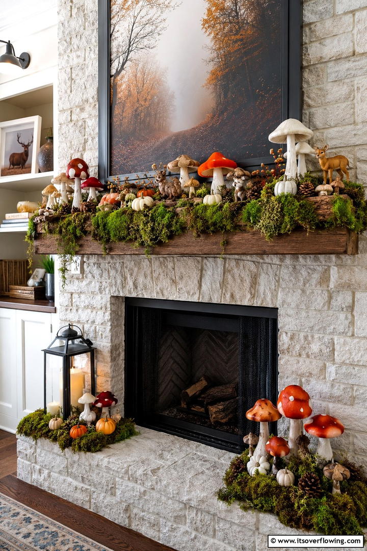 Moss and Mushroom Mantel Display - 50 Fall Mantel Decor Ideas for Cozy Spaces This Season