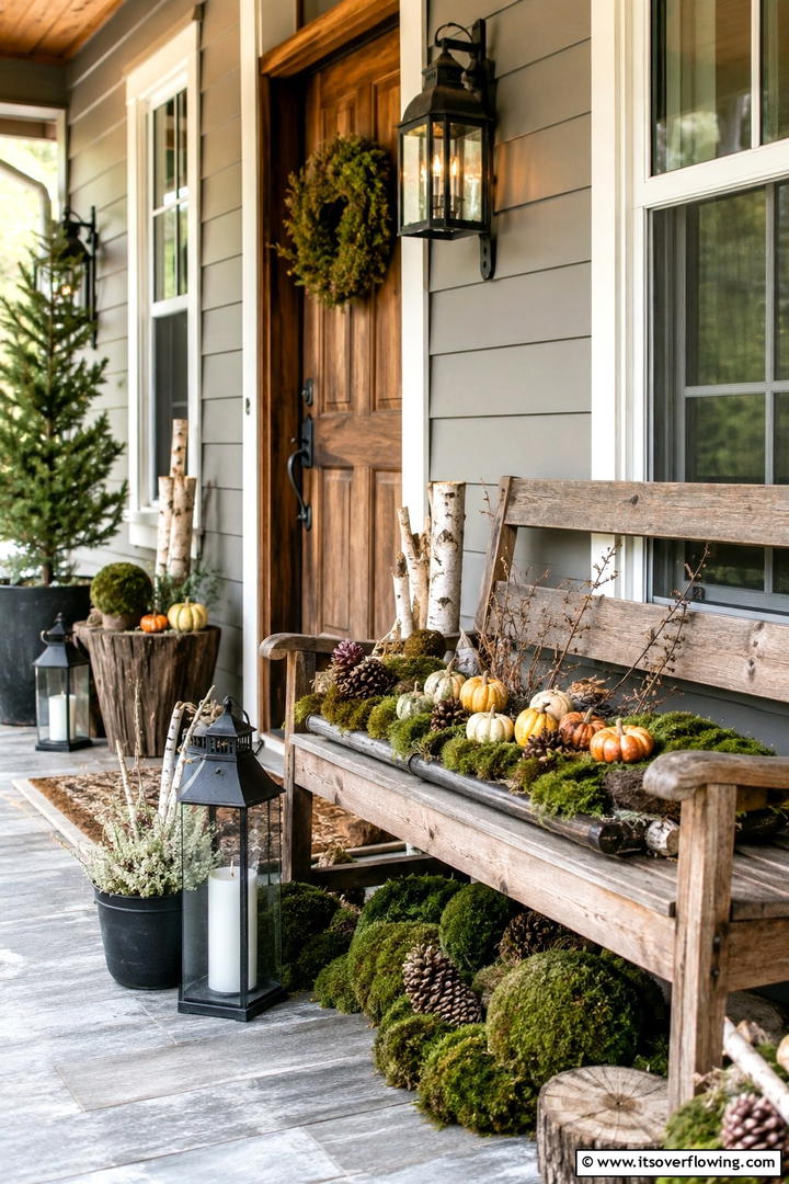 Moss and Pumpkin Woodland Display - 50 Fall Front Door Decor Ideas Roundup- Curb Appeal
