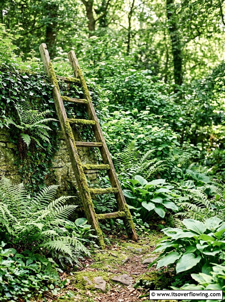 Mossy Antique Garden Ladder - 25 backyard ideas with old ladder planter