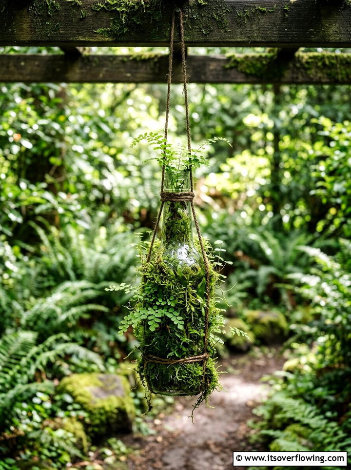 Mossy Hanging Bottle - 25 recycled garden ideas with hanging bottle planters