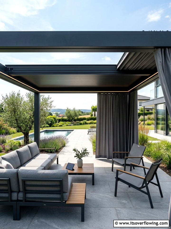 Motorized pergola curtain track - 25 garden decor ideas with pergola curtains