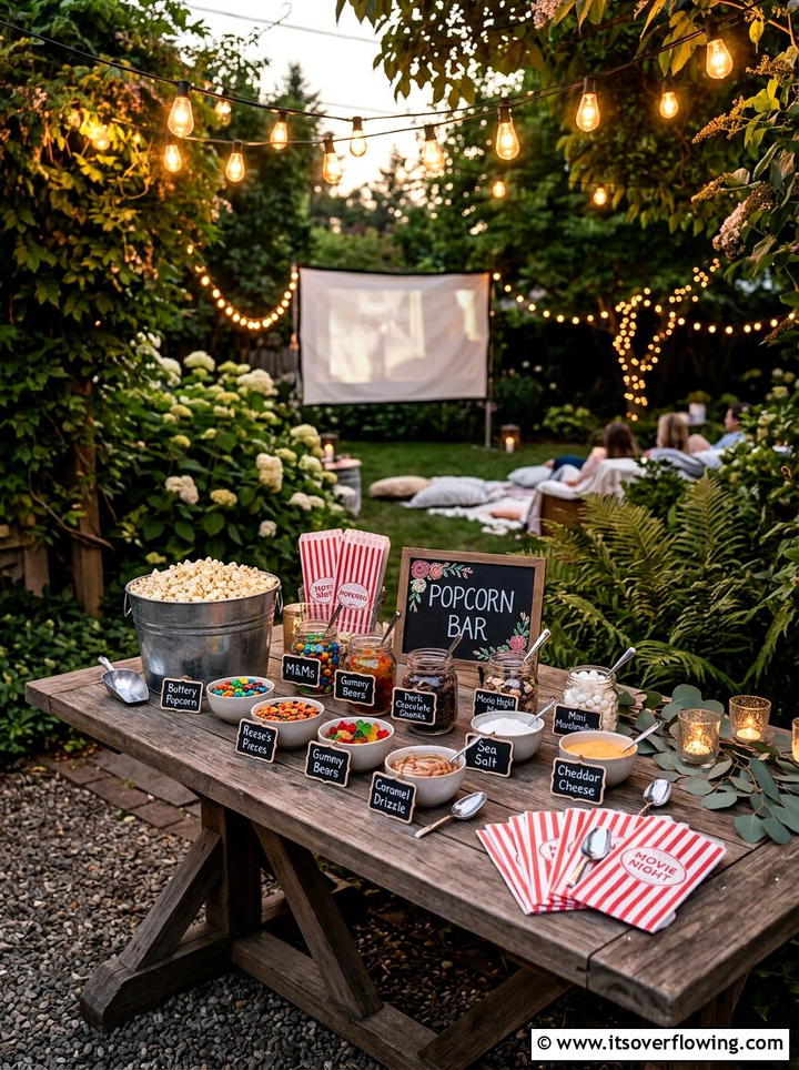 Movie night popcorn bar - 25 backyard ideas with outdoor movie setup