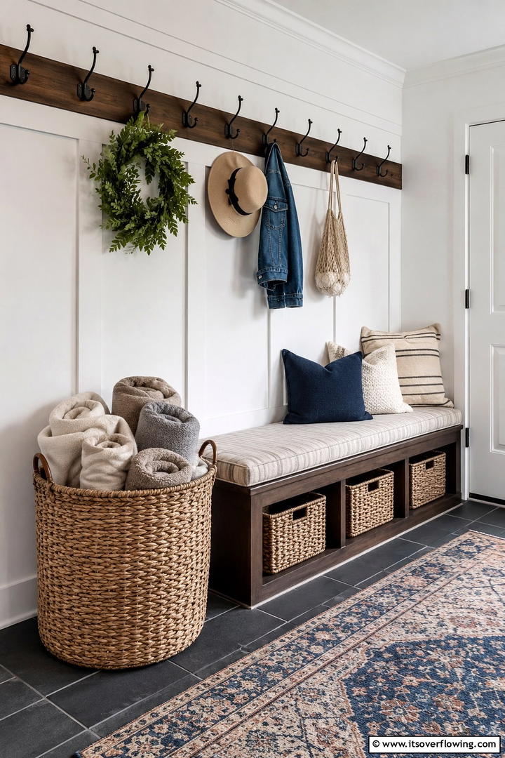 Mudroom Basket Storage - 50 Minimalist Fall Decor Ideas to Upgrade Spaces Now