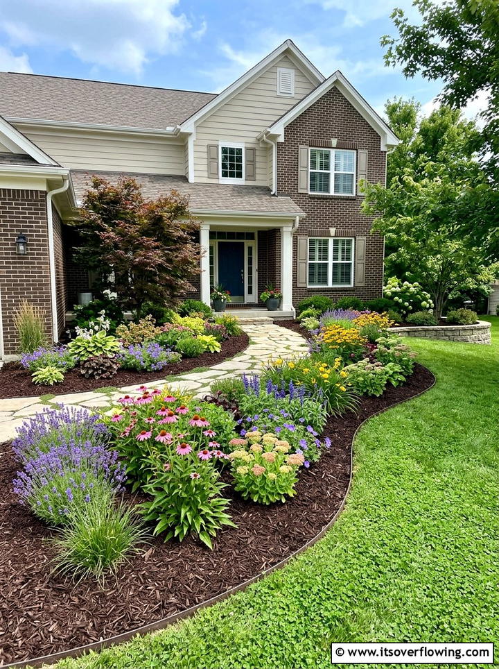 Mulched flower beds - 25 cheap garden ideas with drought tolerant plants