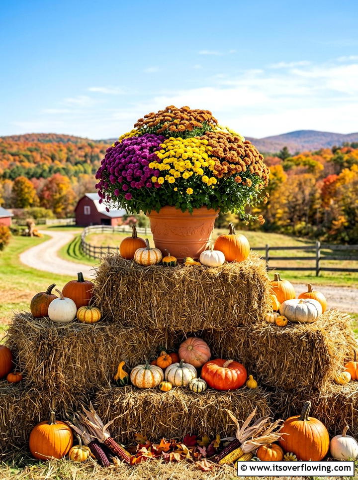 Multi Color Mum Arrangement - 25 front porch decor ideas with mums and hay bales