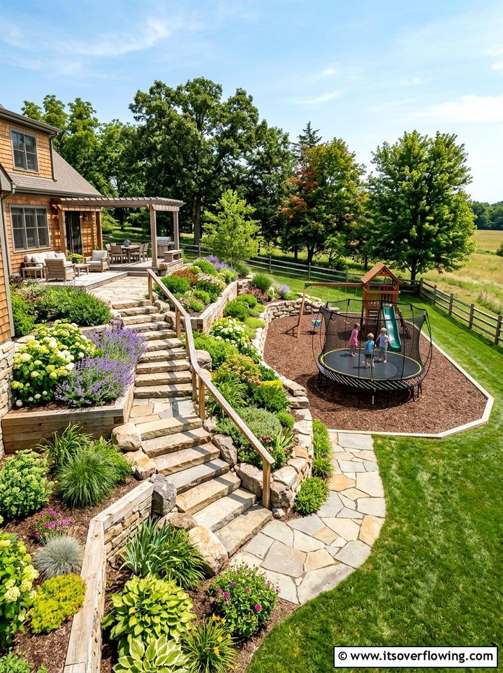 Multi Level Backyard With Play Area - 25 backyard ideas with trampoline zone