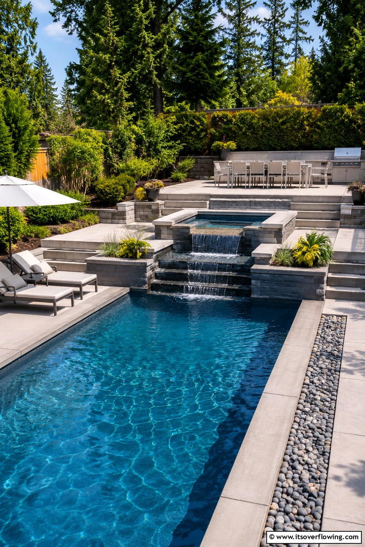 Multi Level Dynamic Layout - 30 Rectangle Pool With Hot Tub Designs for Luxury Backyards