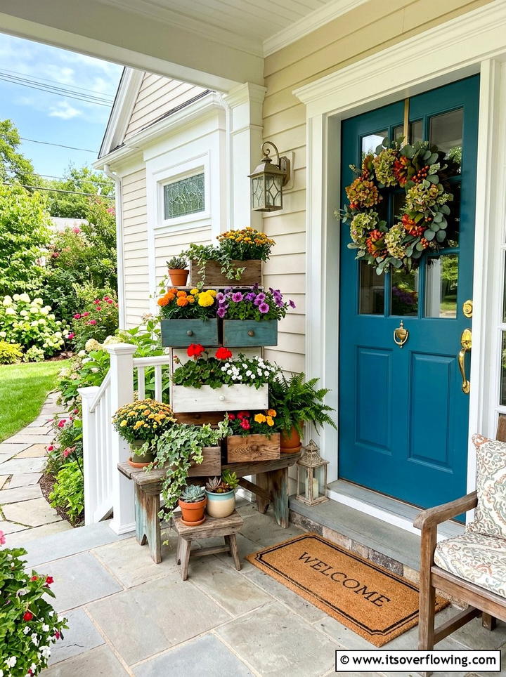 Multi Level Porch Display - 25 upcycled garden ideas with old drawers