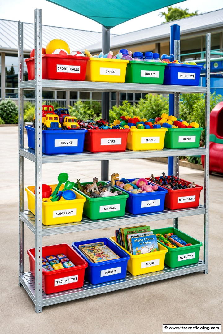 Multi Tiered Shelving for Toys - 30 Outdoor Toy Storage Ideas to Keep Your Yard Clutter-Free