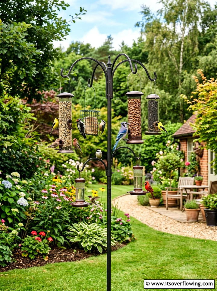 Multi arm bird feeder station in back yard - 25 garden ideas with bird feeders