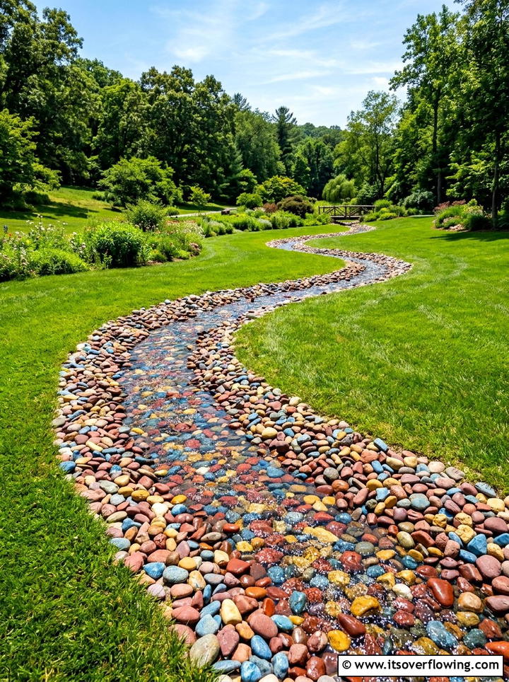 Multi colored river stone bed - 25 garden design ideas with dry creek beds