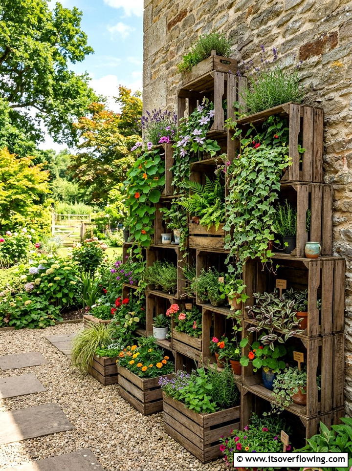 Multi level crate garden - 25 backyard ideas with crate planters