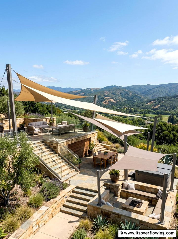 Multi level shade sail design - 25 backyard decorating ideas with shade sail