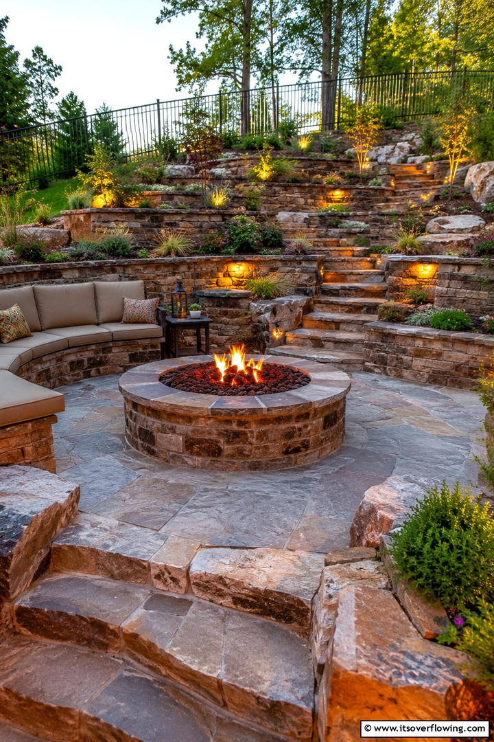 Multi tiered Stone Fire Pit - 30 Elegant Stone Fire Pit Ideas for Backyard Entertaining