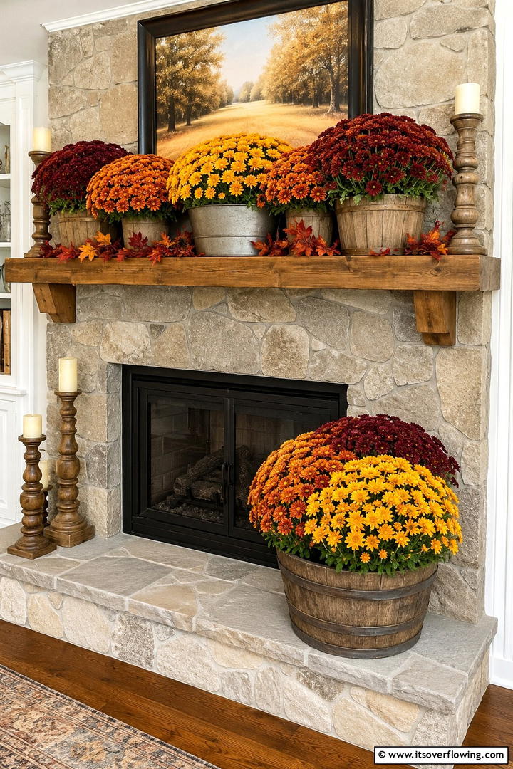 Mum Flower Display - 50 Fall Fireplace Decor Ideas to Warm Autumn Gatherings
