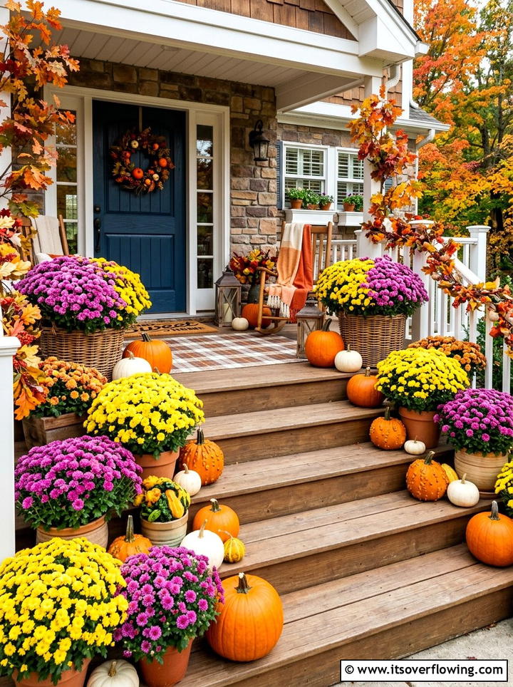 Mums and pumpkins porch - 25 front porch ideas with pumpkins