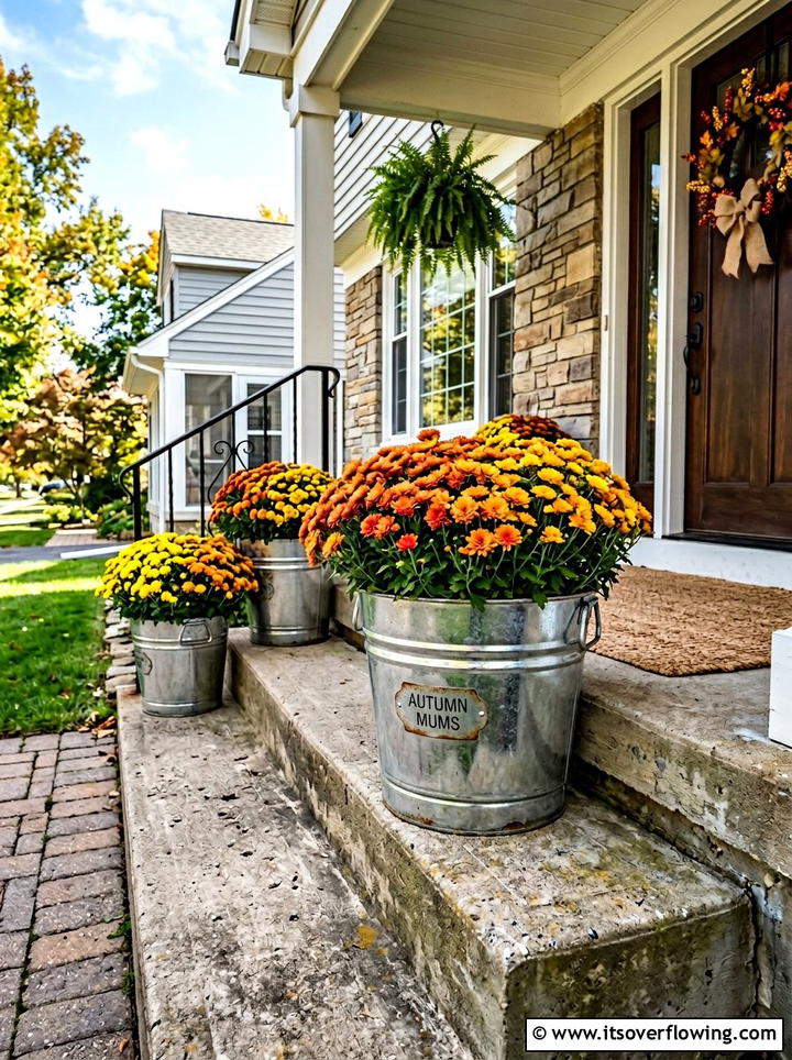 Mums in galvanized metal buckets - 25 front porch ideas with mums