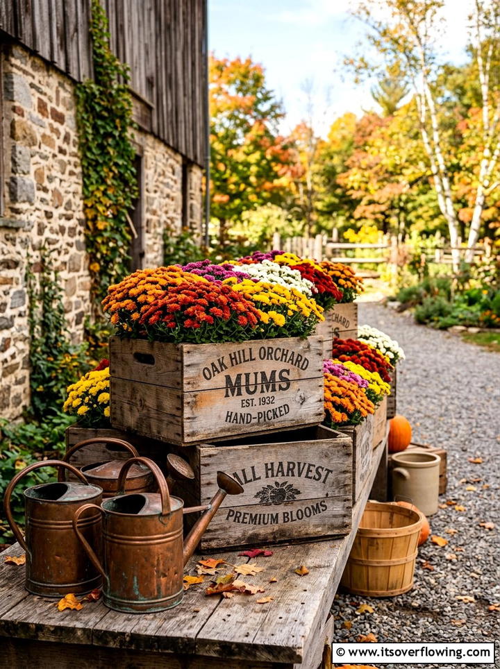 Mums in vintage crates - 25 front porch ideas with mums