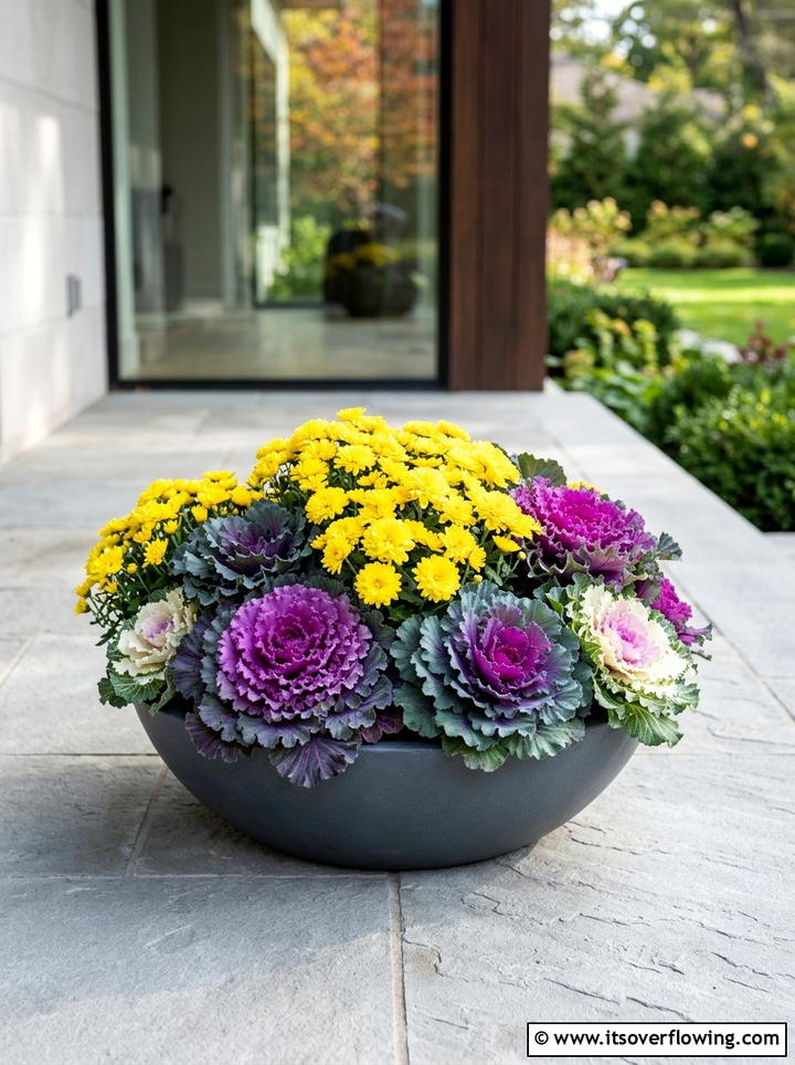 Mums with ornamental cabbage - 25 front porch ideas with mums