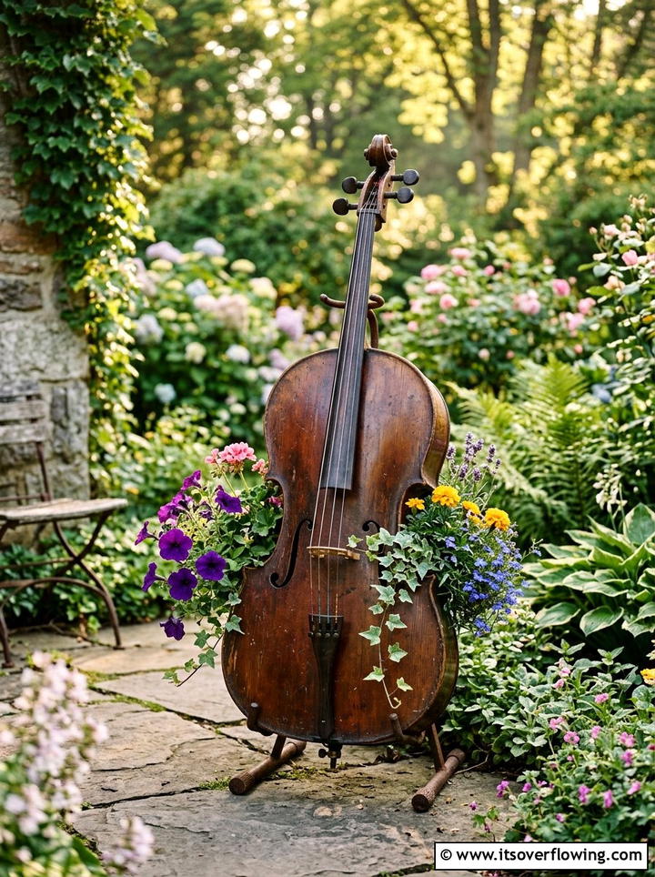 Musical Instrument Flower Planter - 25 reusing old things ideas for seasonal garden decor