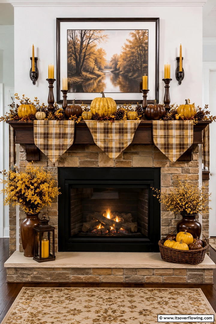 Mustard Yellow and Brown Theme - 50 Fall Fireplace Decor Ideas to Warm Autumn Gatherings