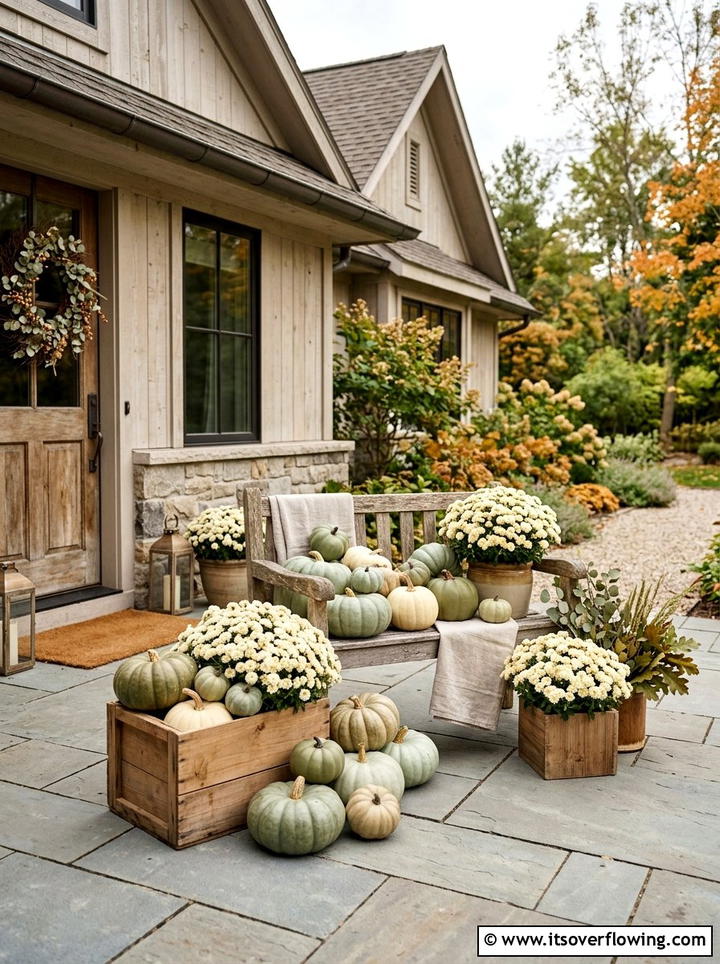 Muted green pumpkin display - 25 front porch decor ideas with fake pumpkins