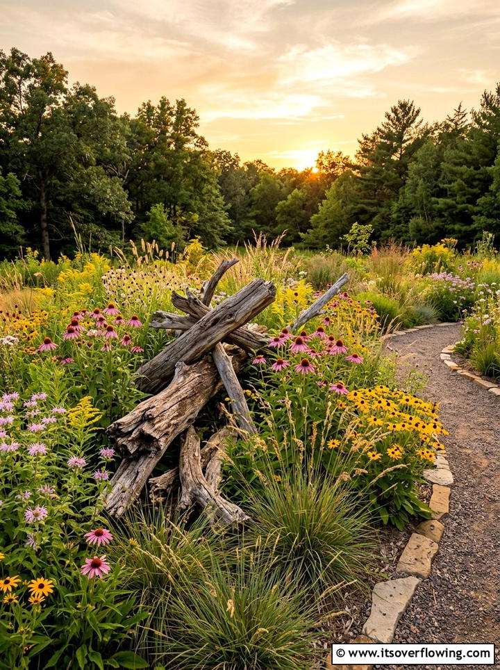 Native plant garden with driftwood - 25 garden ideas with driftwood sculptures
