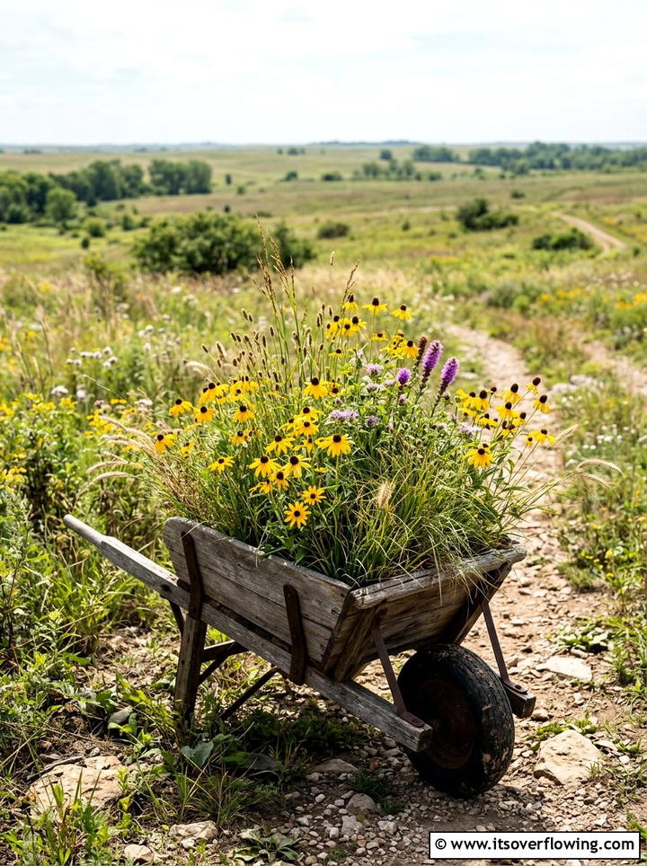 Native wildflower wheelbarrow - 25 upcycled garden ideas with old wheelbarrows