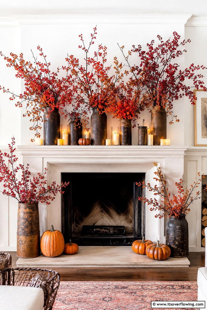 Natural Branch and Berry Mantel - 50 Fall Mantel Decor Ideas for Cozy Spaces This Season