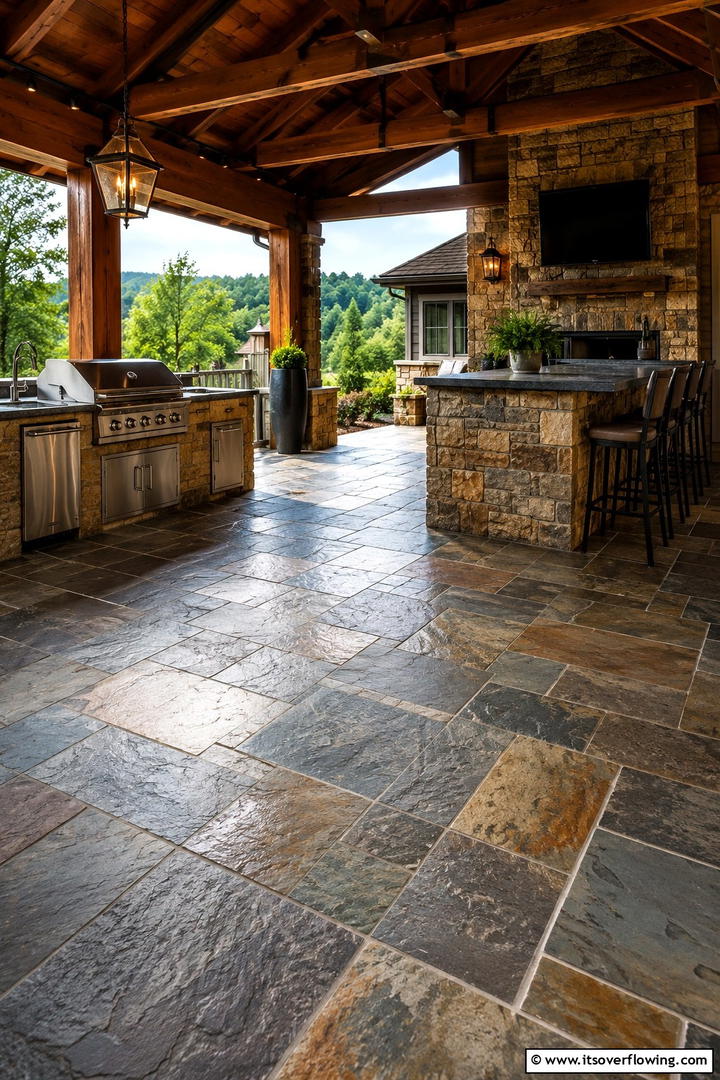 Natural Stone Flooring - 30 Rustic Outdoor Kitchen Ideas for Al Fresco Dining