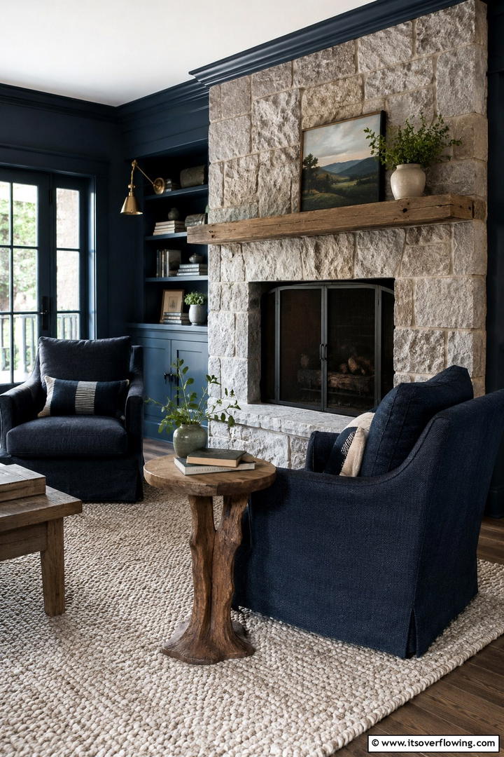 Natural Textures in Navy Blue Rooms - 30 Navy Blue and Grey Living Room Ideas for Sophisticated Style