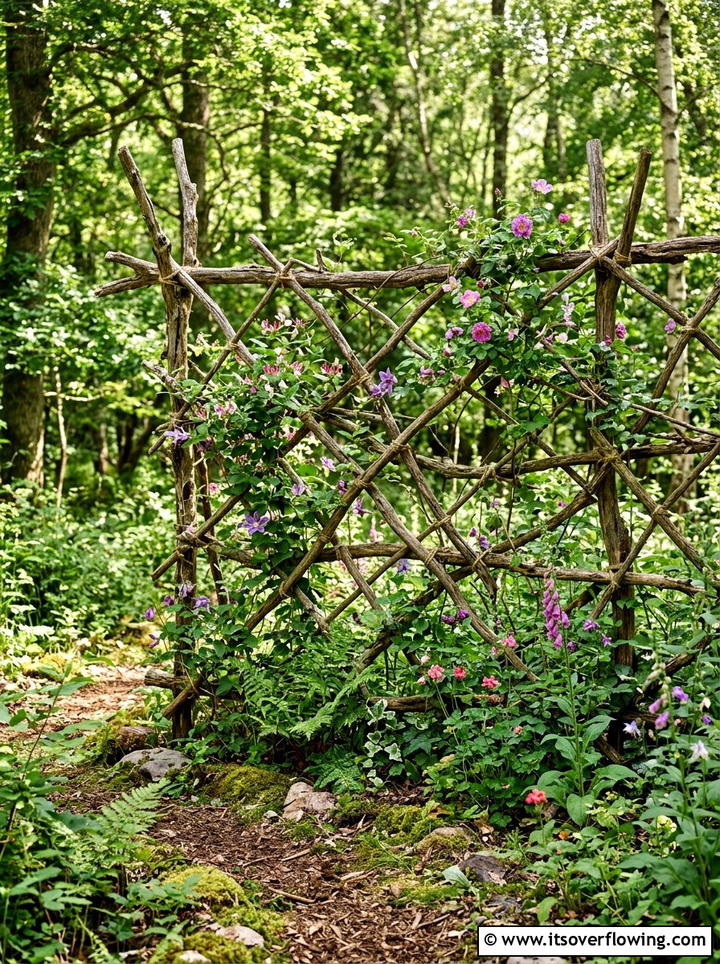 Natural Tree Branch Wall - 25 upcycled garden ideas with trellis walls