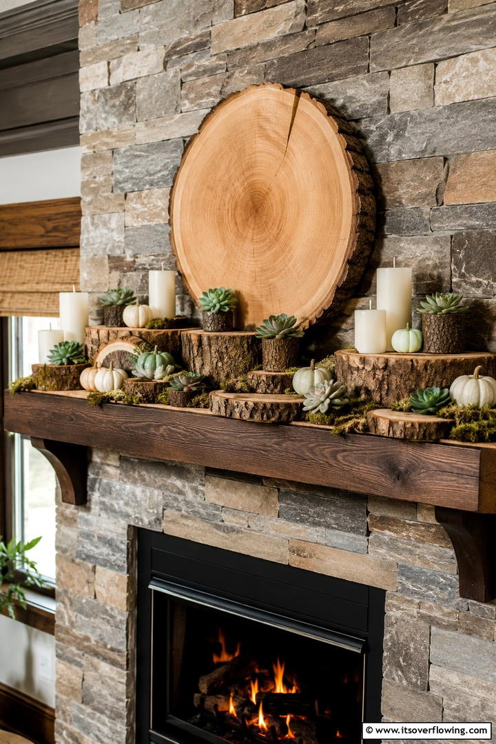 Natural Wood Slice Mantel Arrangement - 50 Fall Mantel Decor Ideas for Cozy Spaces This Season