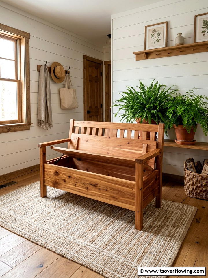 Natural Wood Storage Bench - 25 front porch ideas with bench seating
