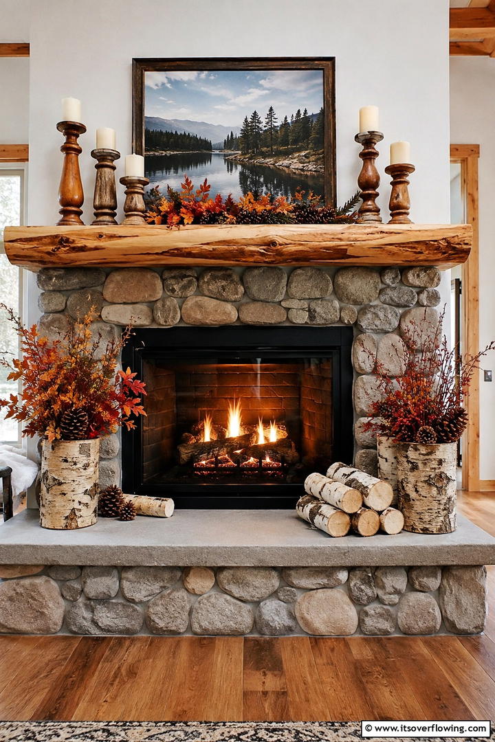 Natural Wood and Bark Elements - 50 Fall Fireplace Decor Ideas to Warm Autumn Gatherings