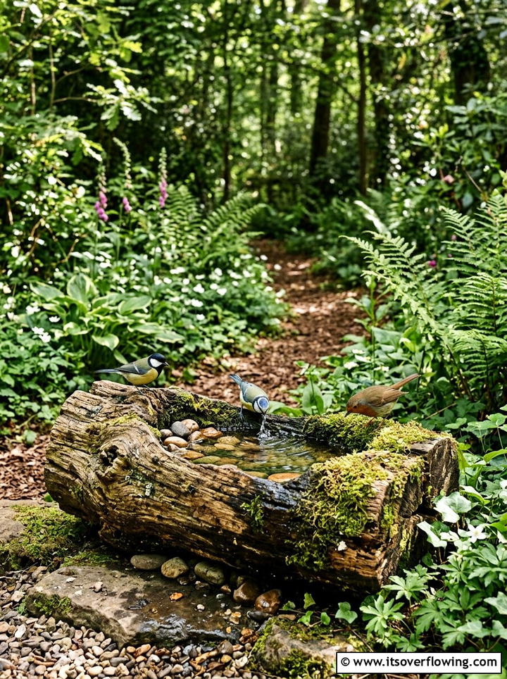 Natural hollow log bird bath - 25 upcycled garden ideas with watering stations
