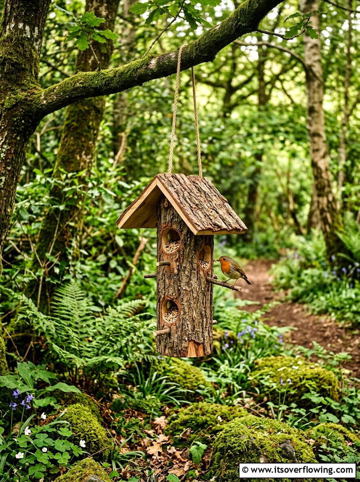 Natural log bird feeder in woodland garden - 25 garden ideas with bird feeders