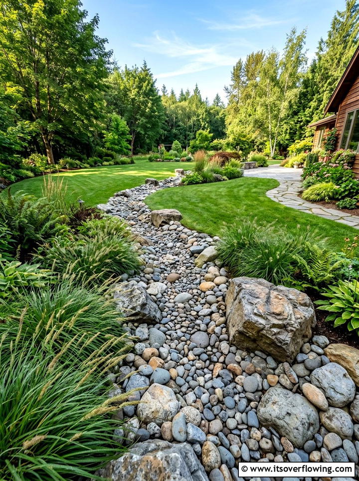Natural river rock drainage - 25 garden design ideas with dry creek beds