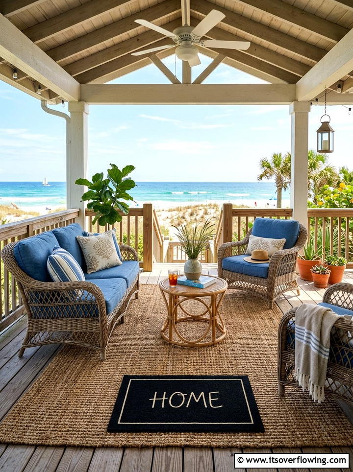 Natural seagrass rug with black mat - 25 front porch decor ideas with layered mats