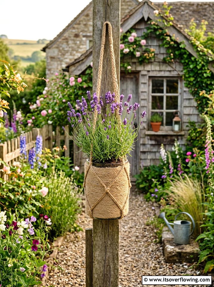 Natural twine bottle planter - 25 creative garden ideas with hanging bottle planters