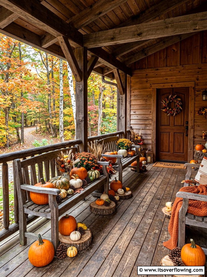 Natural wood and pumpkins porch - 25 front porch ideas with pumpkins