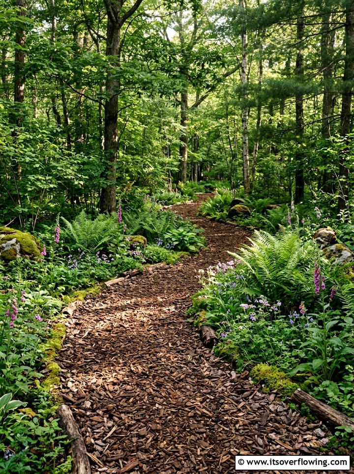 Natural wood mulch path - 25 cheap garden ideas with native plants