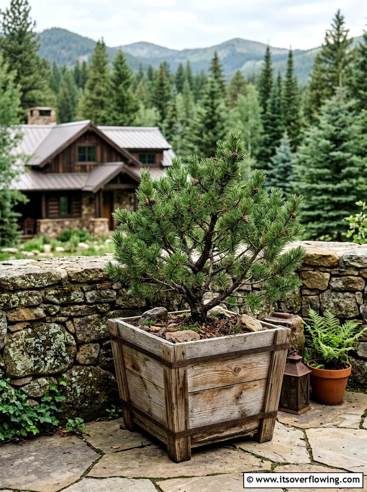 Natural wood planter with pine - 25 front porch decor ideas with mini trees