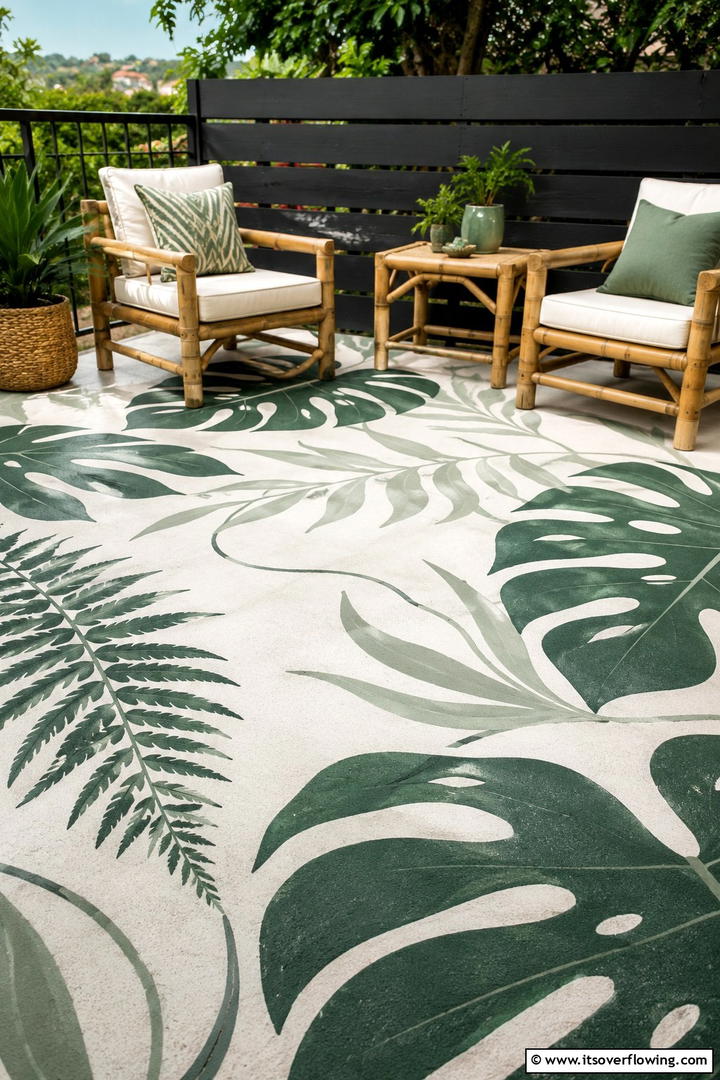 Nature Inspired Mural - 30 Painted Concrete Patio Ideas for Colorful Outdoor Floors