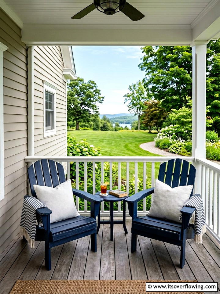 Navy Adirondack Seating - 25 front porch decor ideas with coastal blue palette