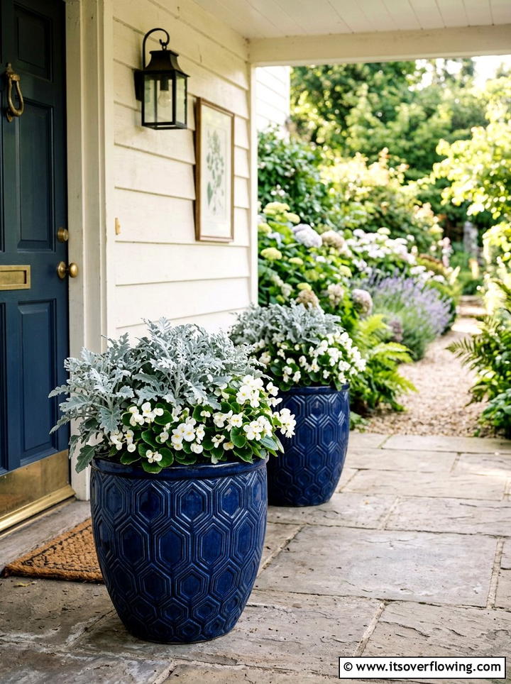 Navy Blue Textured Pots - 25 front porch ideas with ceramic pots
