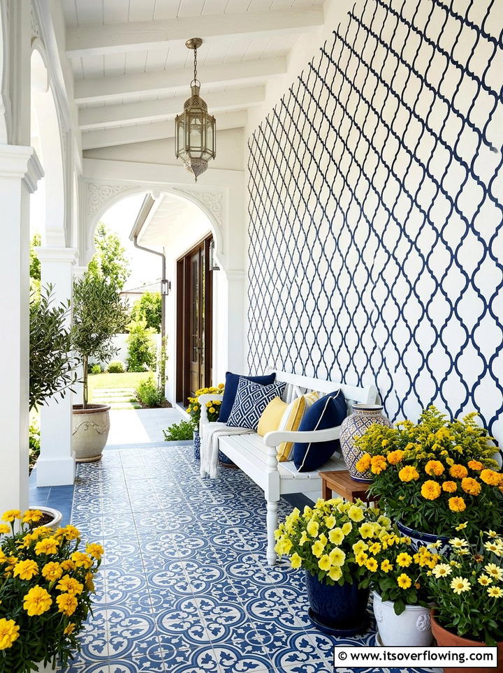 Navy Moroccan Trellis Stencil - 25 front porch ideas with stenciled floor