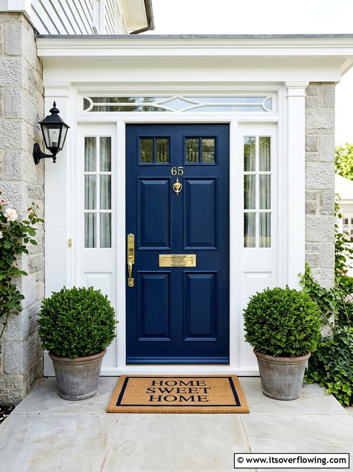 Navy blue front door with natural mat - 25 front porch ideas with holiday doormat